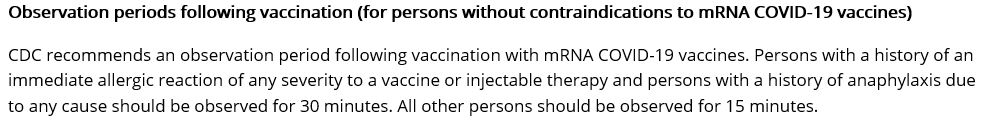 4/What is  #anaphylaxis timing? Median time from vaccine administration to symptom onset was 10min (range <1min to >19hrs). 76% had symptoms within recommended/usual 15min observation.  @CDCgov advises 30min observation for prior anaphylaxis & 86% of cases had onset within 30min.