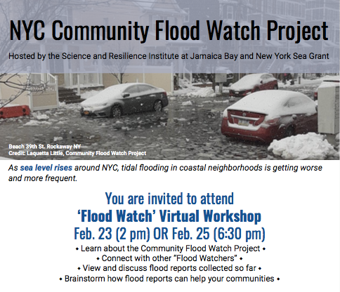 Register for NYSG and <a href="/SRIatJB/">SRIatJB</a>'s virtual workshops on the NYC Community Flood Watch Project - 2/23 (2 pm) and 2/25 (6:30 pm); Connect w/ other "flood watchers" (who post photos, details at facebook.com/groups/floodwa…); Sign up at srijb.org/jbfloodwatch <a href="/NOAA/">NOAA</a> <a href="/SeaGrant/">NOAA Sea Grant</a> <a href="/NOAAResearch/">NOAA Research</a>