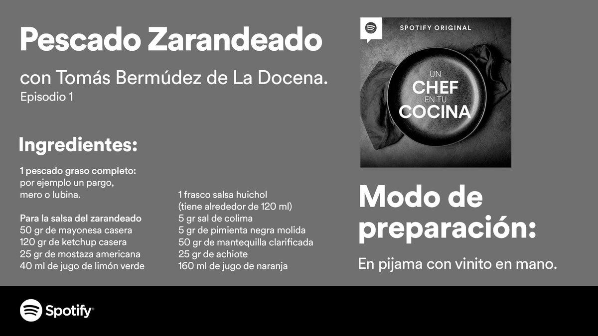 SpotifyMexico's tweet photo. Tip #1 para cocinar Pescado zarandeado en casa: Lo puedes hacer hasta en pijama 😉. 

Aquí están los ingredientes y en el podcast “Un Chef en tu Cocina” la receta completa: https://t.co/AGl2bkyrQo https://t.co/iZXj0K7OJW