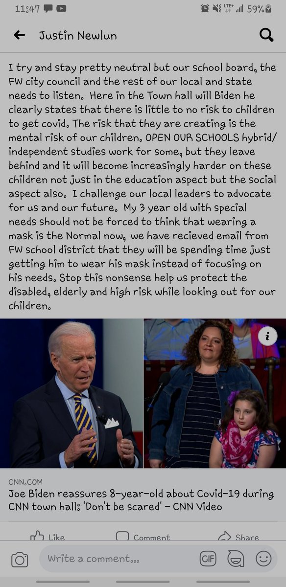 JBNewlun's tweet photo. @BrandiKruse After the Town hall with POTUS Biden I posted in a local community site on FB to advocate for our children and I have been silenced on the site Here are the screen shots All i want to do and believe in is avocating for children disabled people and the elderly Help us https://t.co/XO3wKNPyhI