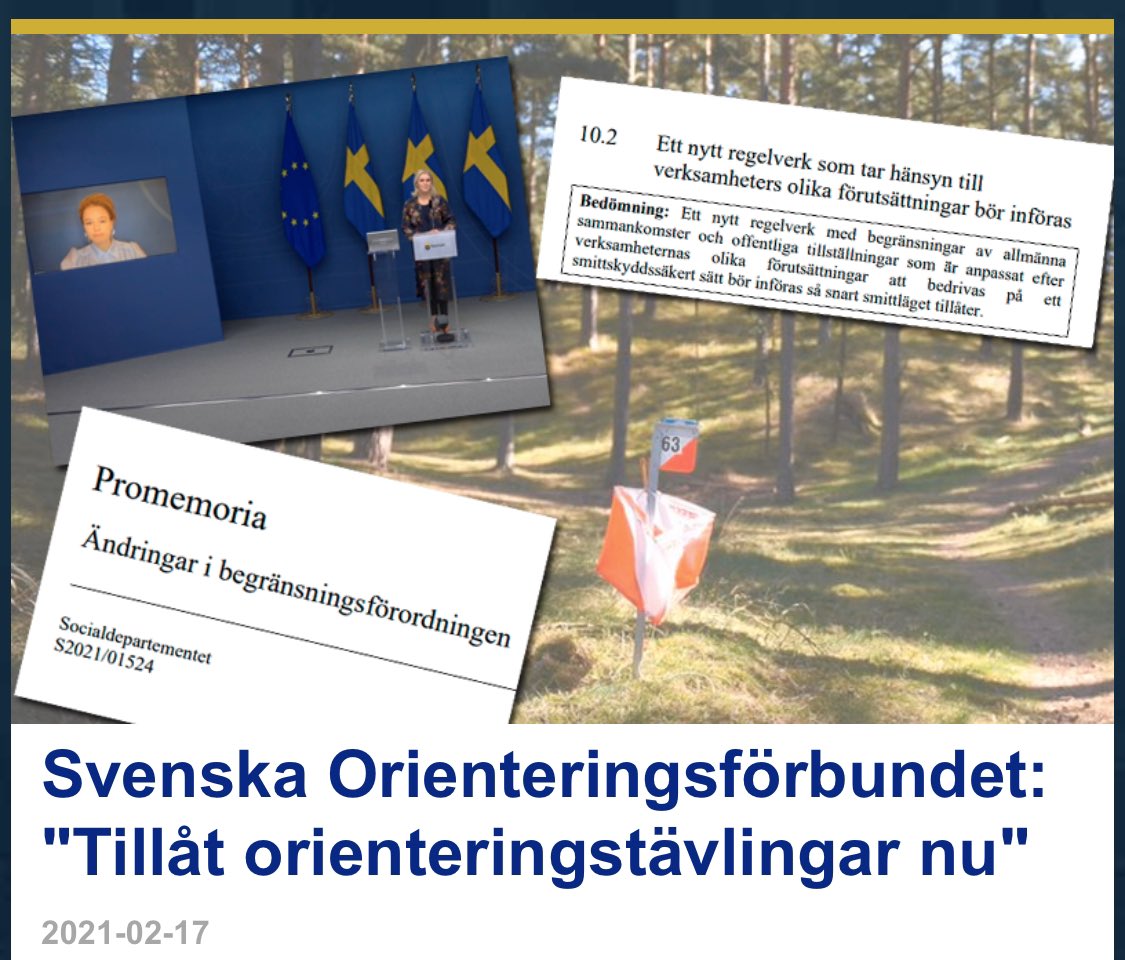 Svenska Orienteringsförbundet i öppet brev till @Folkhalsomynd : ”Möjliggör våra tävlingar nu - smittorisken försumbar” svenskorientering.se/Nyheter/Nyhete… #orientering #svenskidrott @socialdemokrat @miljopartiet