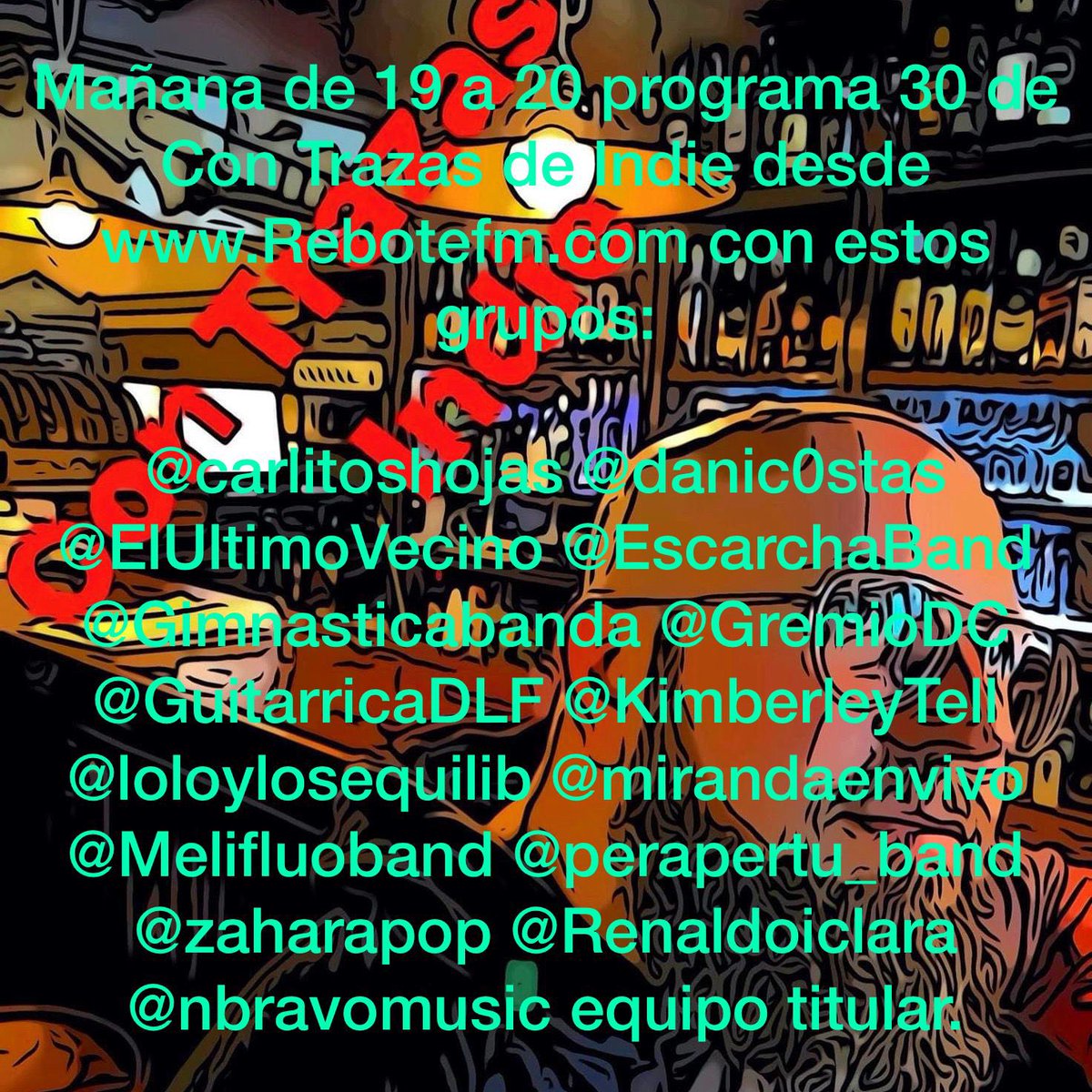 Mañana salimos con el Equipo titular <a href="/carlitoshojas/">Carlitos Hojas</a> @danic0stas <a href="/ElUltimoVecino/">EL ÚLTIMO VECINO.</a> <a href="/EscarchaBand/">escarcha</a> <a href="/Gimnasticabanda/">Gimnástica</a> <a href="/GremioDC/">Gremio DC</a> @GuitarricaDLF <a href="/KimberleyTell/">Kimberley Tell</a> <a href="/loloylosequilib/">loloherreroylosequilibristas</a> <a href="/mirandaenvivo/">Miranda!</a> <a href="/Melifluoband/">MELIFLUO</a> @perapertu_band <a href="/zaharapop/">Zahara</a> <a href="/Renaldoiclara/">Renaldo & Clara</a> <a href="/nbravomusic/">NIÑO BRAVO</a>