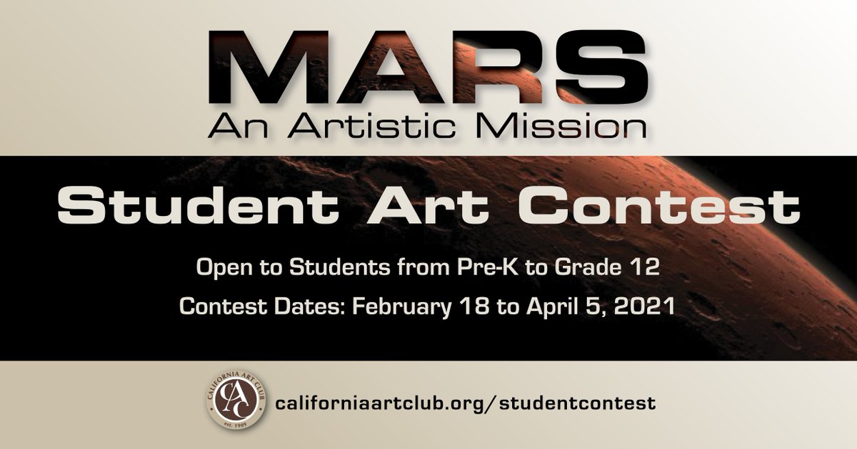 As we launch our online exhibition Mars: An Artistic Mission, we are pleased to host a Student Art Contest. Budding artists can create works of the Red Planet and the best submissions will have the chance to win prizes and be displayed on the CAC site.
californiaartclub.org/studentcontest