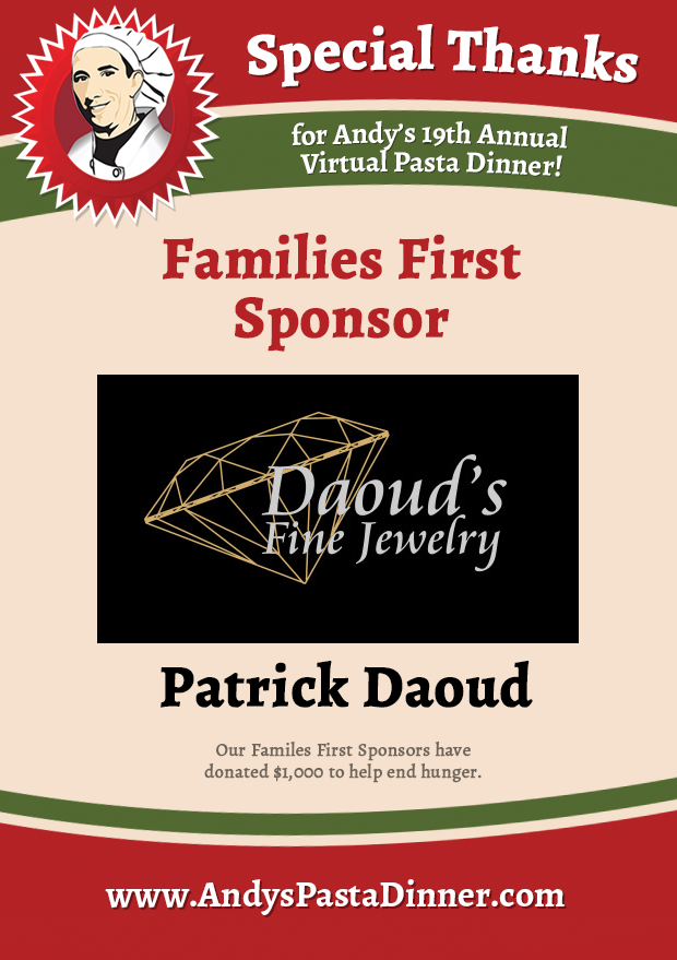 andyspasta's tweet photo. Thank you to our Families First sponsor Patrick Daoud and Daoud's Fine Jewelry! #apd2021 https://t.co/awzojp3Kzf