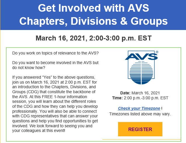 AvsCdg's tweet photo. Get Involved with AVS Chapters, Divisions &amp; Groups https://t.co/OkY4RkqXb3 @AVS_Members #WhatisAVS https://t.co/VXQ8ME3gn0