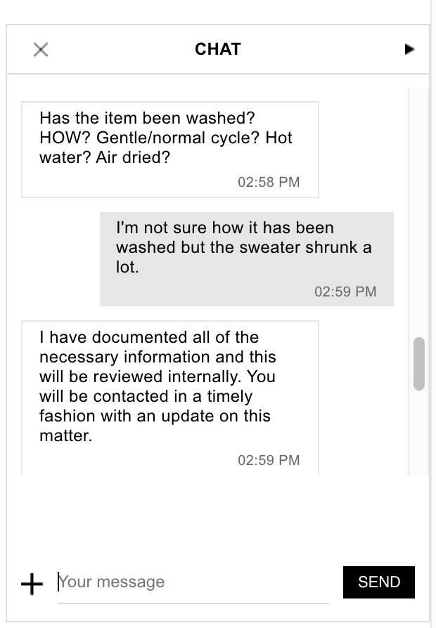 vincentko's tweet photo. So my order from @ZARA @ZARA_Care came today. The sweater came without a tag, smelled like detergent and has completely shrunk. It has clearly been worn.

So I contacted customer service and the agent was of no help at all. This is what they asked me: https://t.co/CmIVjCvGOV