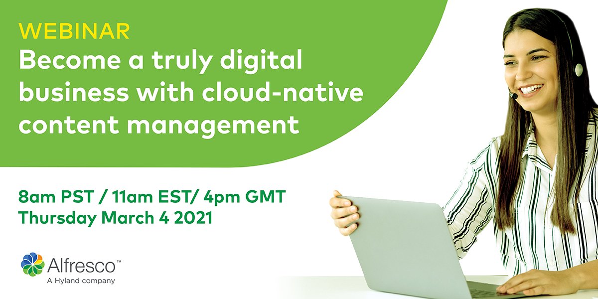 Alfresco's tweet image. Register for our upcoming webinar on to understand how making the move to cloud-native #ContentServices can help you increase agility, reduce costs and power your digital #modernization: alfresco.com/events/webinar…