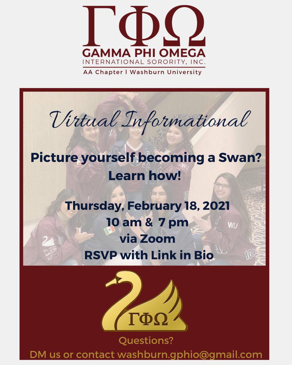 Interested in joining a sorority? Join us to know if Gamma Phi Omega is the right fit for you! 

Alpha Alpha Chapter will be hosting TWO informationals tomorrow. We hope to see you there. 🦢