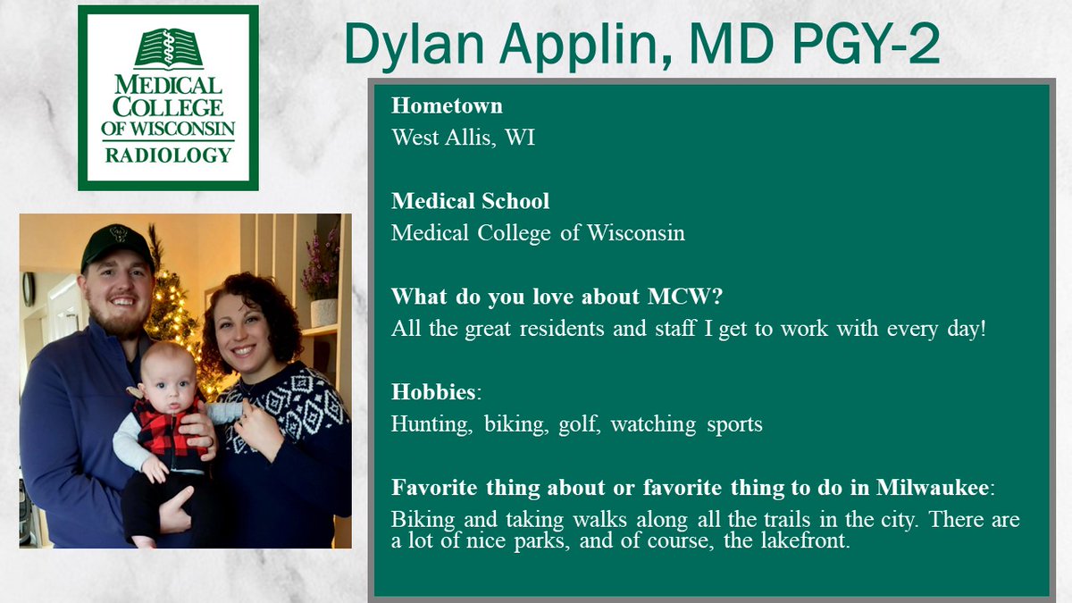 Meet R1 Dylan Applin! Dylan is a Milwaukee native. He loves spending time with his wife and son. From his experiences so far, Dylan really enjoys body and neuro. #ResidentSpotlight #MeetOurResidents #RadRes