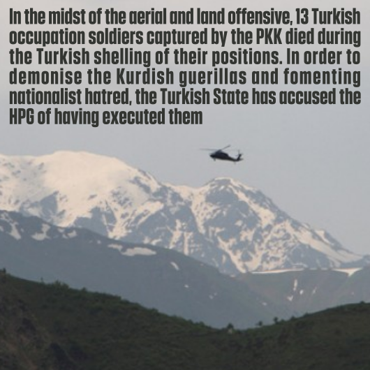 Here, we highlight that the Turkish fascist state did not only heavily bomb the area where they knew their own soldiers were held as prisoners of war ( #POW) for 5-6years, but also used chemical weapons, obviously not caring about the POWs, unlike they claim! #GarêDestanı4/13