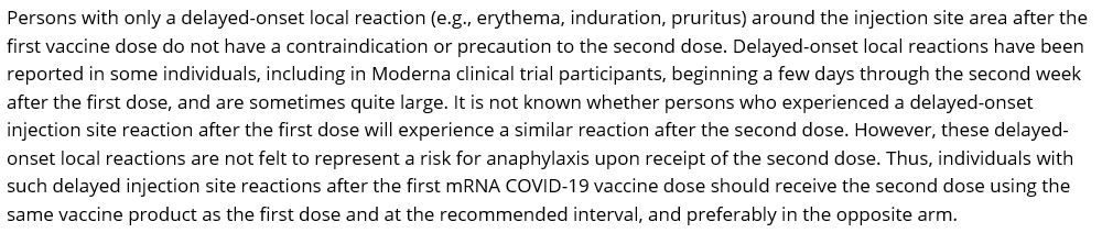 New  @CDCgov guidance on delayed-onset local reactions near the injection site after dose 1: NIETHER a contraindication NOR precaution to getting dose 2  https://www.cdc.gov/vaccines/covid-19/info-by-product/clinical-considerations.html.