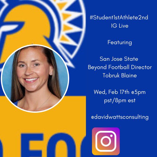 Join us today @5pm pst as we go live w/ @SanJoseStateFB @sanjosestateBF Director @tobrukblaine_TB .

She’ll be discussing her career in student support, the #BeyondFootball Program at @SJSU and how student-athletes can prepare for life after athletics. #Student1stAthlete2nd