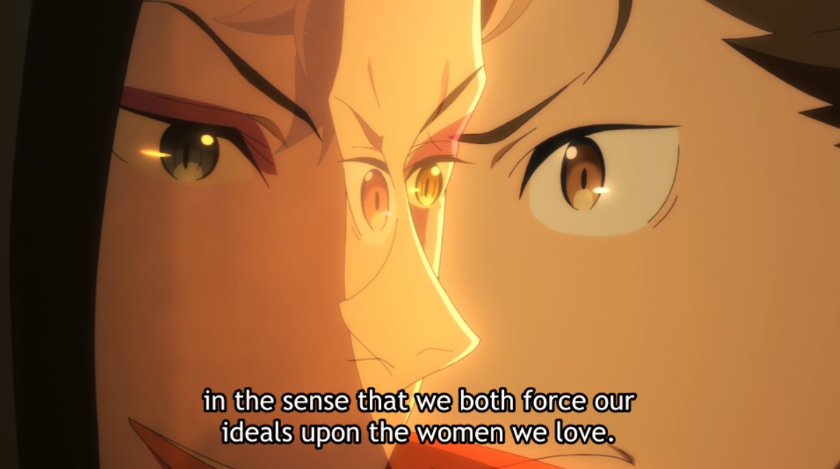 If it wasn't clear enough, this is THE Roswaal/Subaru scene, where all their parallels are laid bare, even visually like with superimposed shots.But while Roswaal's idealization is a self-serving one (akin to S1 Subaru who wanted a heroine), Subaru believes in her strength.