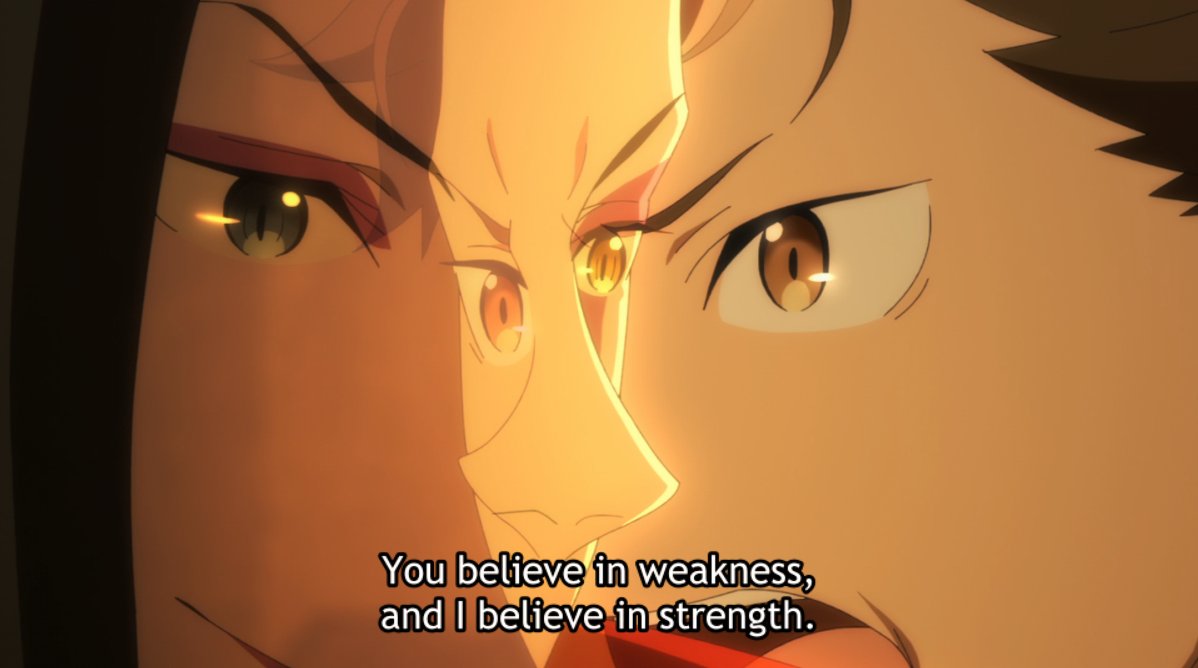 If it wasn't clear enough, this is THE Roswaal/Subaru scene, where all their parallels are laid bare, even visually like with superimposed shots.But while Roswaal's idealization is a self-serving one (akin to S1 Subaru who wanted a heroine), Subaru believes in her strength.