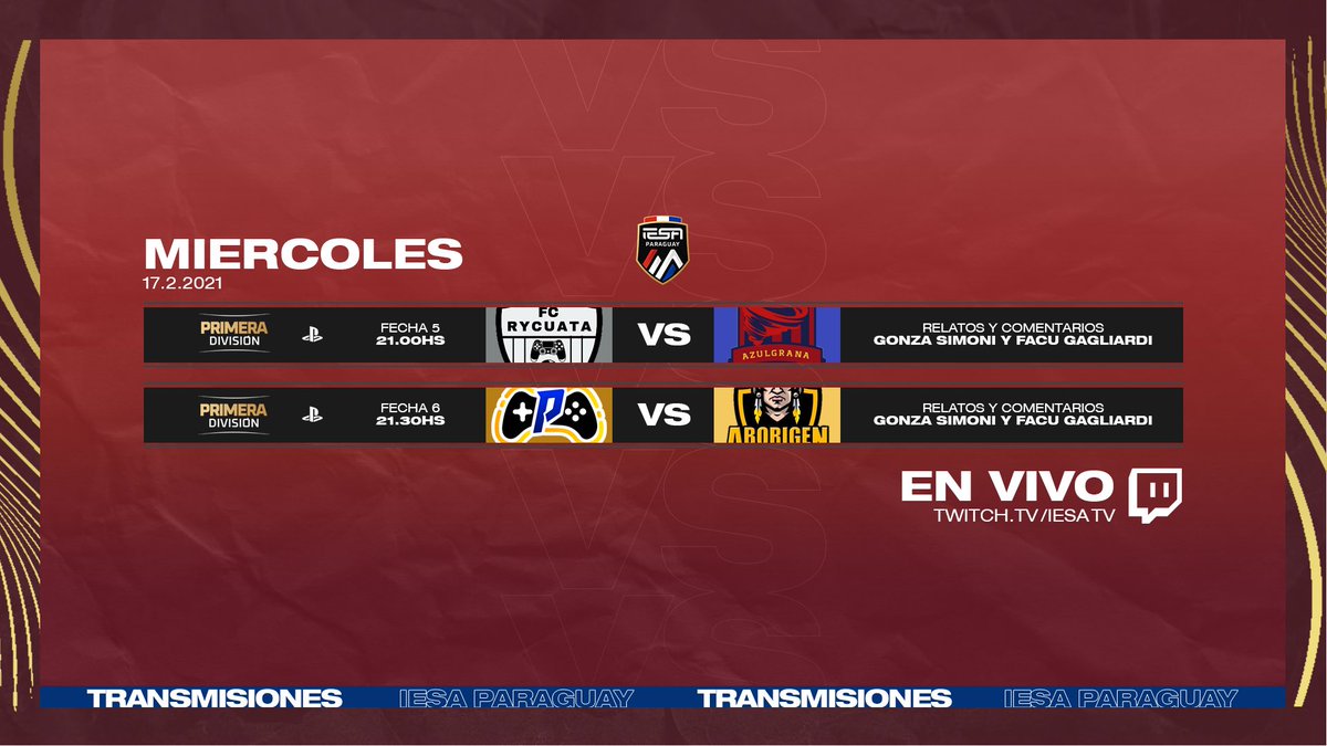 IESAFIFApy's tweet photo. ¡Sigue el fútbol virtual! 🙌🏼

Esta noche por la pantalla de #IESATV 🖥 se juegan la Fecha 5 y 6 con los siguientes partidos: 

@BomberPyeS 🆚 @Azulgrana1912py 

@tiosdepaula_ 🆚 @AborigenPro 

🕘 21:00hs 🇵🇾 
🎙 @gonzasimoni_ @facu_gagliardi00 
👉🏼 https://t.co/cF1hOXz6JF https://t.co/dvcve0A2qj