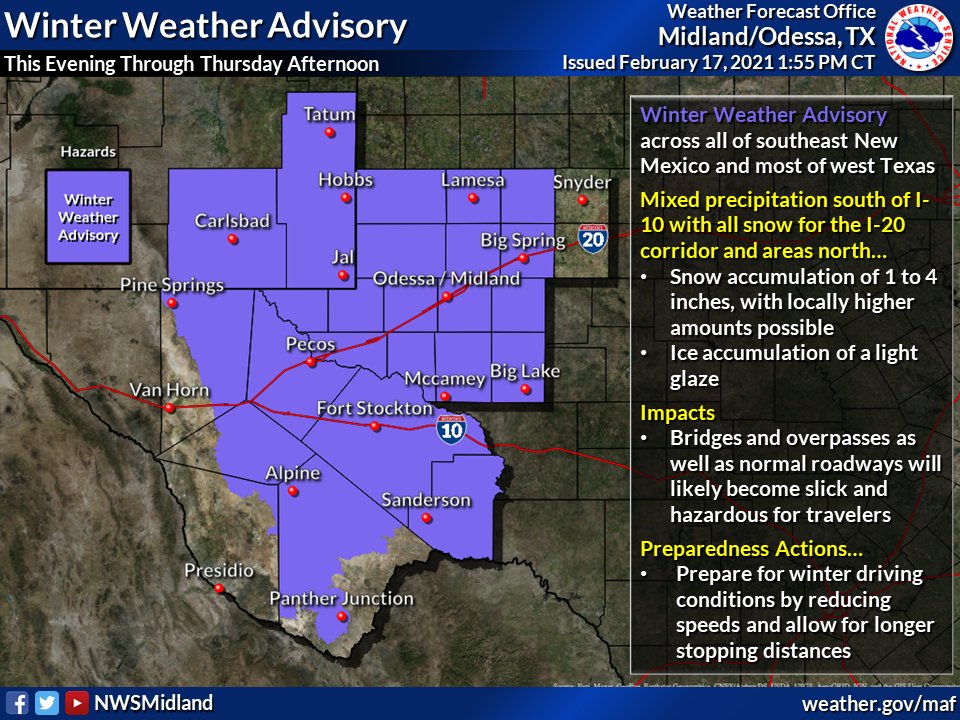 NWSMidland's tweet photo. A Winter Weather Advisory has been issued for southeast New Mexico and most of West Texas from this evening through Thursday afternoon. Mixed precipitation will be possible south of I-10 with mainly snow along the I-20 corridor and areas north. #nmwx #txwx https://t.co/D1UqebSlsm