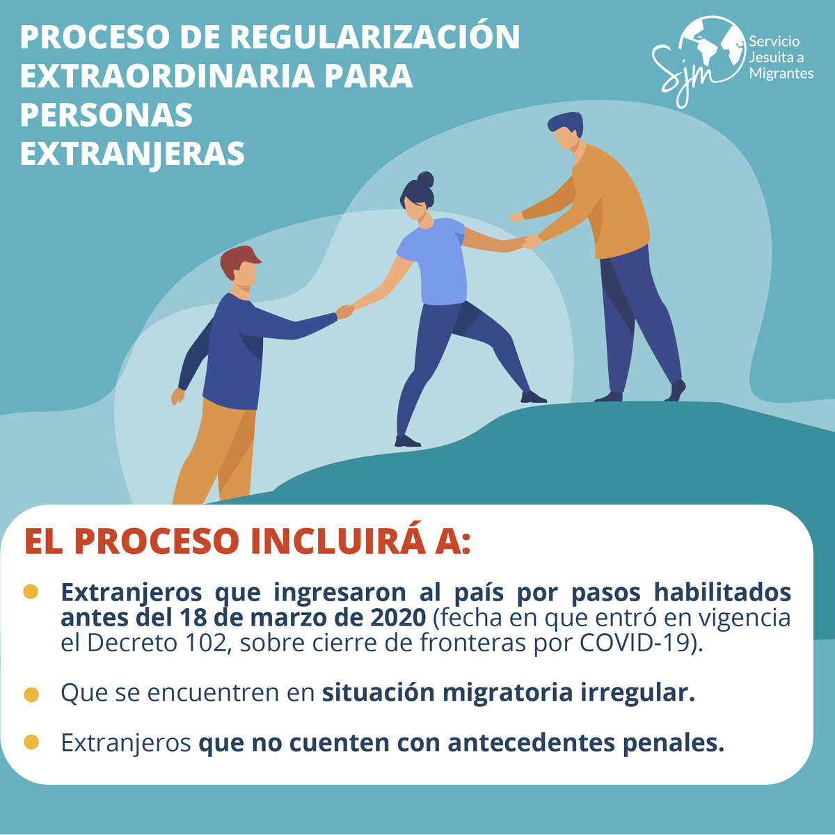 SJMChile's tweet photo. ⚠️ Mientras esperamos la promulgación de la #NuevaLeyDeMigraciones anunciada para marzo, entérate aquí de cómo será el proceso de #regularizaciones https://t.co/cnrEsNuG93