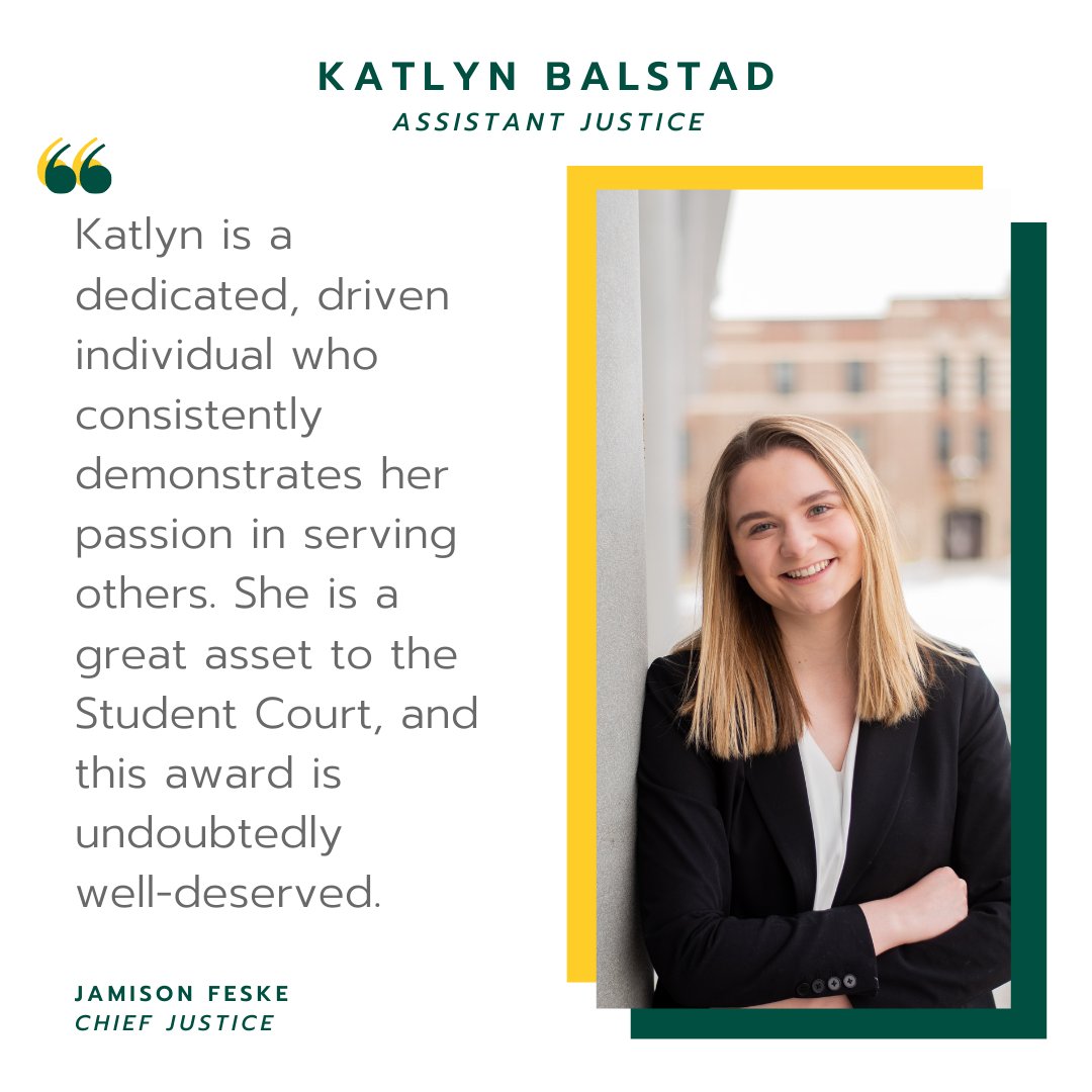 NDSU_StudentGov's tweet photo. Congrats to our Justice of the Month, Katlyn Balstad! 

Assistant Justice Balstad is a Junior studying Management Communication!

One of Balstad's favorite parts of Student Court is that it "offers me the opportunity to interpret important documents on campus." https://t.co/Y61t7ekgkJ
