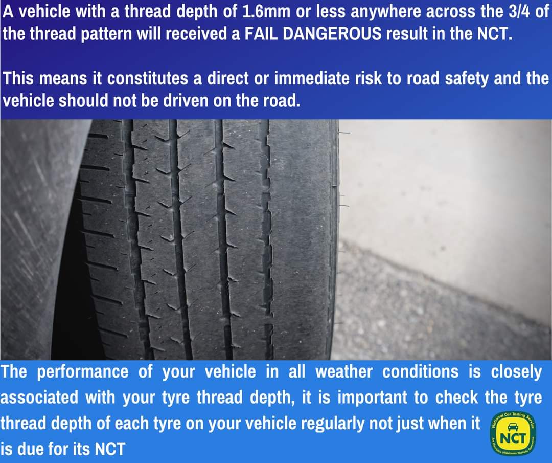 Since January 2021, over 5K vehicles have received a Fail Dangerous result for Tyre Thread Depth in the NCT.
#tyres #tyresafety #tyre