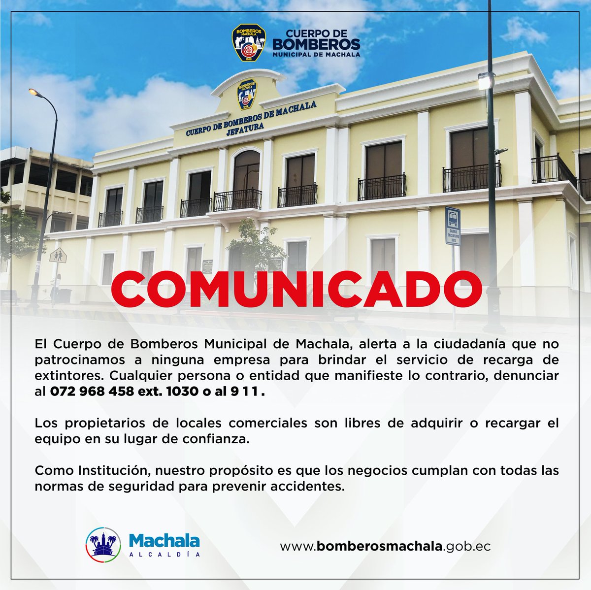 ⚠️ COMUNICADO ⚠️

#BomberosMachala informa a la ciudadanía que no patrocinamos a ninguna empresa para la recarga de extintores, si conoce algún caso denuncie al 072 968 458 ext. 1030 o a 9 1 1.