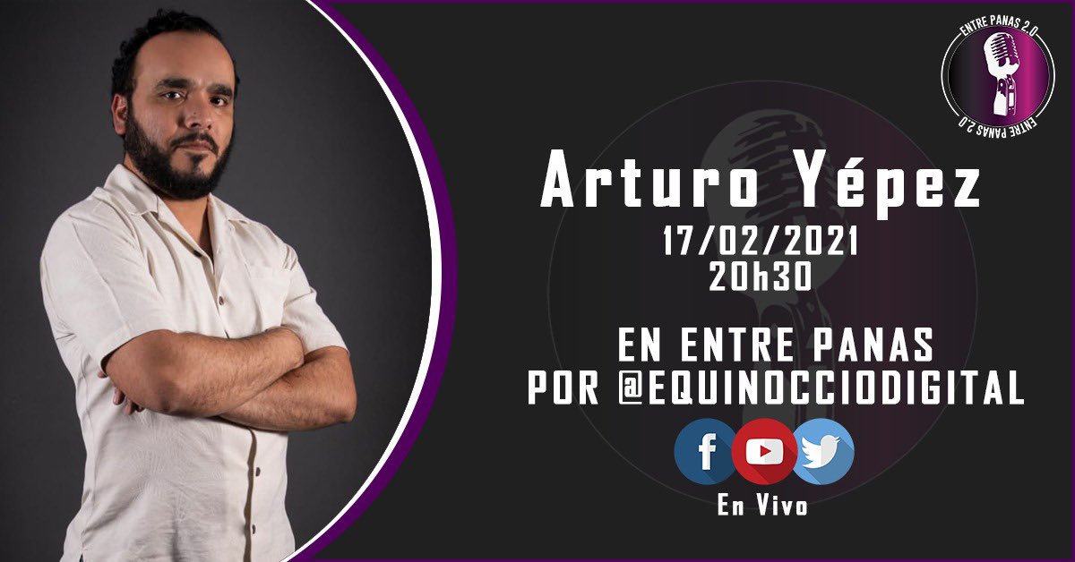 Esta noche en #EntrePanas tenemos un gran invitado 🙌🏻 el productor de cine Arturo Yépez, con quien dialogaremos sobre su trayectoria y sus nuevos proyectos. 🤩📽 Les esperamos a las 20h30 por FB Live y YouTube de <a href="/EquinoccioMedia/">Equinoccio Digital</a>.