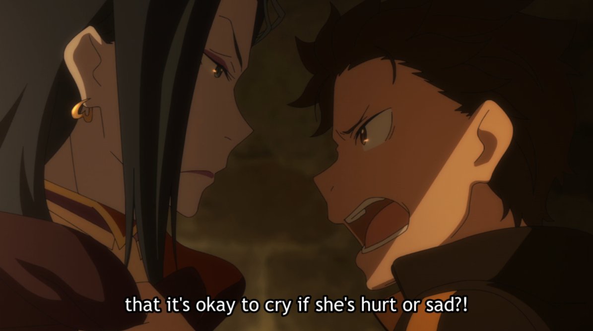 Part of Subaru's growth has been about him accepting all of Emilia, including her weaknesses. It has been about him learning to be a shoulder to lean on, much like she was to him, all the while encouraging her own growth rather than stick to his own self-serving "heroine" vision.