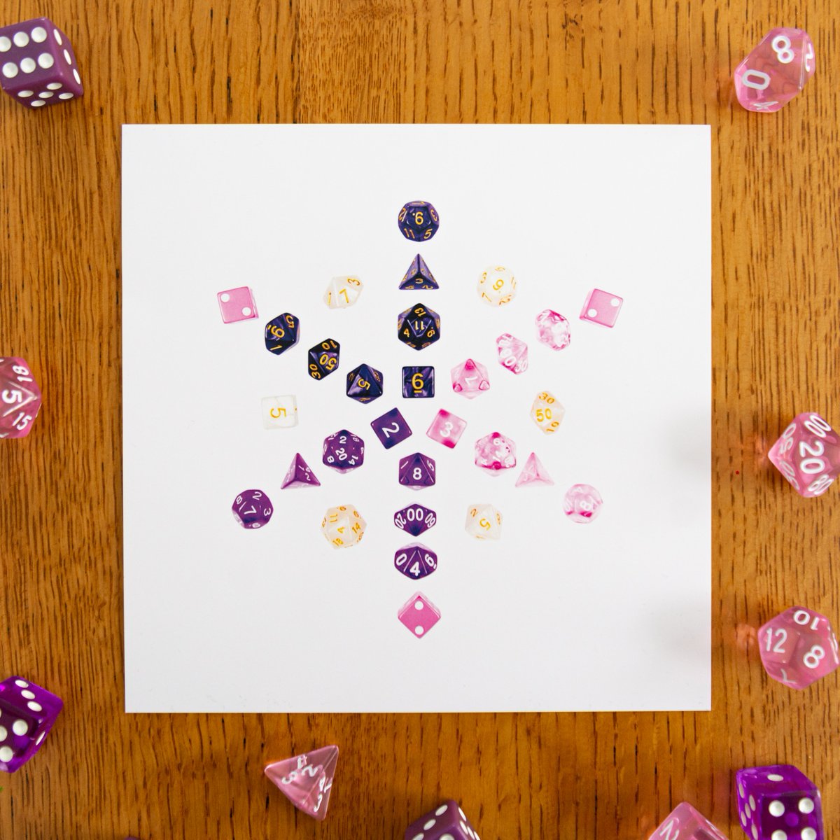 HelloPolyrhythm's tweet photo. These colorful dice mandala designs are delightfully geeky! Each one is named after a different D&amp;D ability: Perception, Arcana, Insight, and Investigation. 

Purchase at The Gaming Goat (Mason, OH) or in our online shop: https://t.co/ntNoWSLBl3 (coupon code FEBFUN for 20% off!) https://t.co/WZ1pIm7tb5