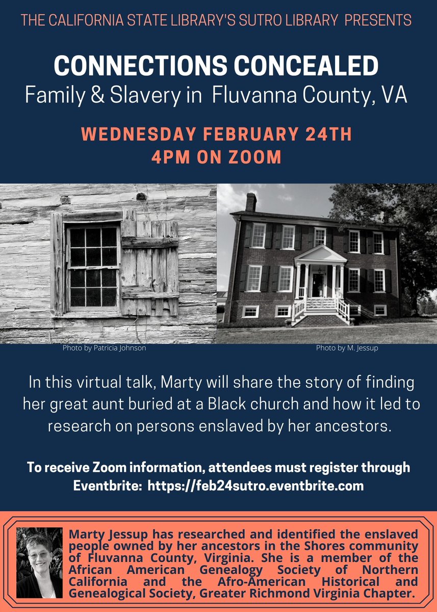 SutroLibrary's tweet image. Please join us for a virtual talk about family history and researching enslaved persons. RSVP link: feb24sutro.eventbrite.com #virtuallectures #BlackHistoryMonth