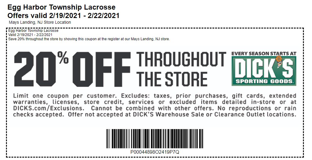 EHTLA's tweet image. EHT Lacrosse 20% OFF SHOP EVENT starts this Friday, 2/19 - Monday, 2/22 at the Mays Landing store location.

DICK’S Sporting Goods, is offering a 20% off discount throughout the store to help you gear up for the season! Be sure to use the coupon link, cmm.dickssportinggoods.com/crmcdn/getoffe…