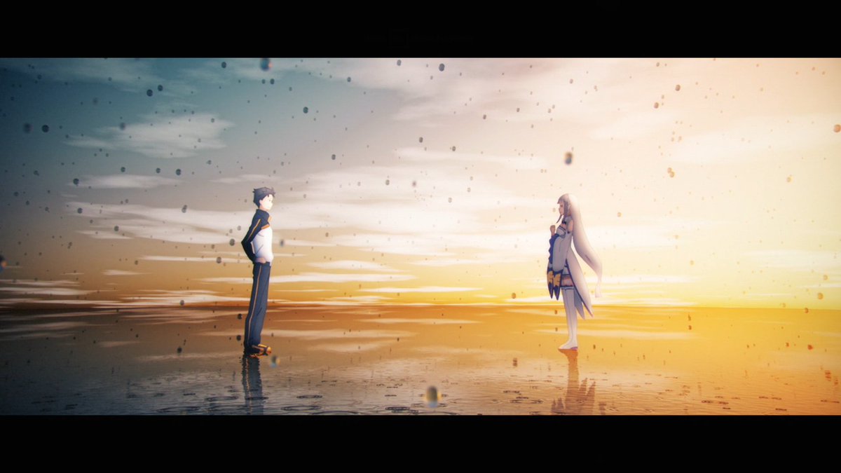 Also, there's a neat little visual callback in the new ED. Where Emilia's shadow is looking backwards in the first OP (him not seeing her for who she is), she is fully facing him in the ED.Take note of how the lyrics are "the only precious thing" at that very moment in the OP…