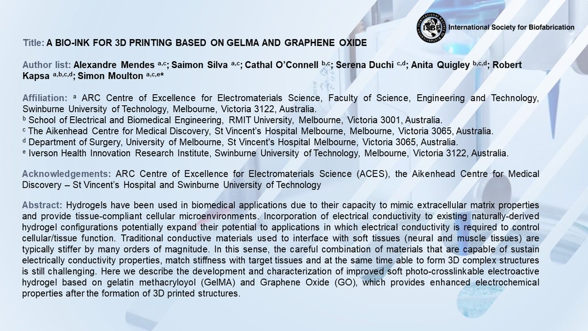 Alexandre Xavier Mendes (@axaviermendes) on Twitter photo I'm excited to be part of #ISBFtweetConference2021 and present my most recent work on printing soft electroactive hydrogels. (1/3)
#Biofab2020
<a href="/ISBioFab/">Intl Soc Biofab</a> <a href="/BioFab3D/">ACMD - BioFab</a> <a href="/Swinburne/">Swinburne University of Technology</a>
With thanks to @moraes_saimon <a href="/iCatHalo/">Cathal D. O'Connell</a> <a href="/DuchiSerena/">Serena Duchi</a> <a href="/Neurobionics/">Anita Quigley</a> Robert Kapsa and Simon Moulton I'm excited to be part of #ISBFtweetConference2021 and present my most recent work on printing soft electroactive hydrogels. (1/3)
#Biofab2020
<a href="/ISBioFab/">Intl Soc Biofab</a> <a href="/BioFab3D/">ACMD - BioFab</a> <a href="/Swinburne/">Swinburne University of Technology</a>
With thanks to @moraes_saimon <a href="/iCatHalo/">Cathal D. O'Connell</a> <a href="/DuchiSerena/">Serena Duchi</a> <a href="/Neurobionics/">Anita Quigley</a> Robert Kapsa and Simon Moulton