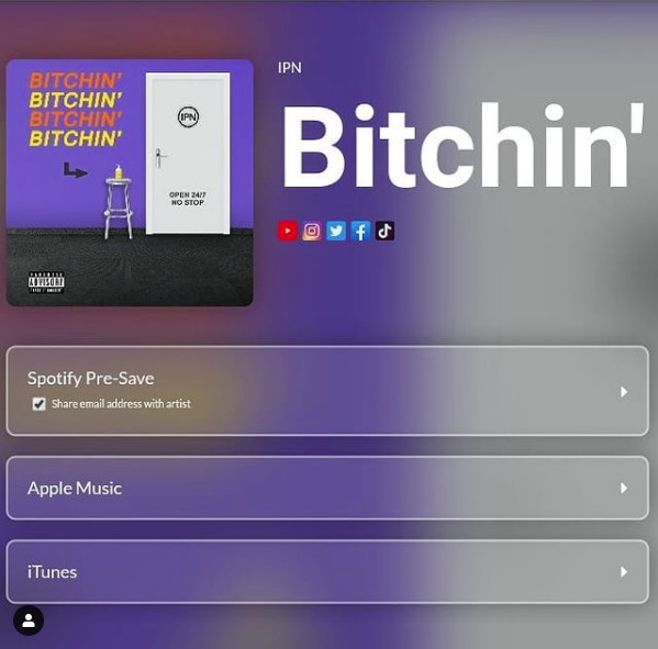 ipn_officiaI's tweet photo. My brand new song called Bitchin' I'll be out this Saturday at 9pm in your country. 🔥🔥🔥
Pre-save it here: https://t.co/LCmts5Wnnd
#ipnmusic #ipnrelease #ipnnewrelease
#bitchin #ipnnewsong #newmusic #spotify #hiphop #hiphopmusic #drill #rap #rapmusic #edm #VibesParty https://t.co/WUevBiPXNu