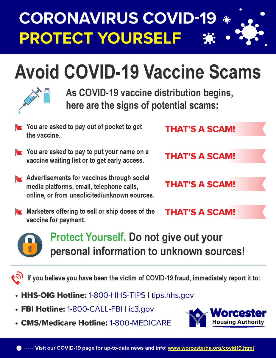 WHAuthority's tweet photo. Please stay vigilant and protect you & others against vaccine scammers.
➡️❗️NEW: Please view the WHA COVID-19 Vaccine Information page for reliable info:
https://t.co/4lIIC63afy
#WHA #worcesterhousing #worcesterma #COVID19 #Immunity4Community #StopTheSpread https://t.co/jn3CdGG8SQ