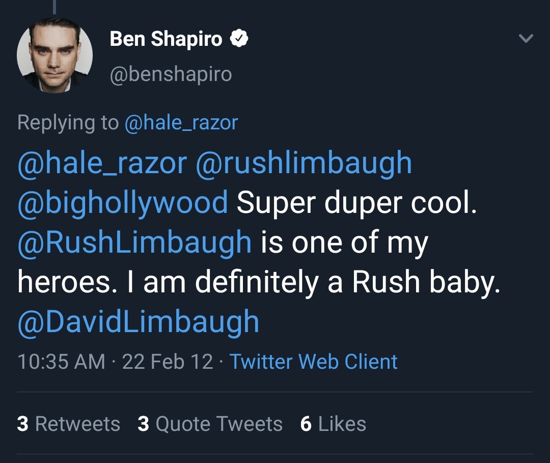 Cody Johnston On Twitter Funniest And Most Telling Tweet About Limbaugh Is When Ben Shapiro Referred To Himself As A Rush Baby