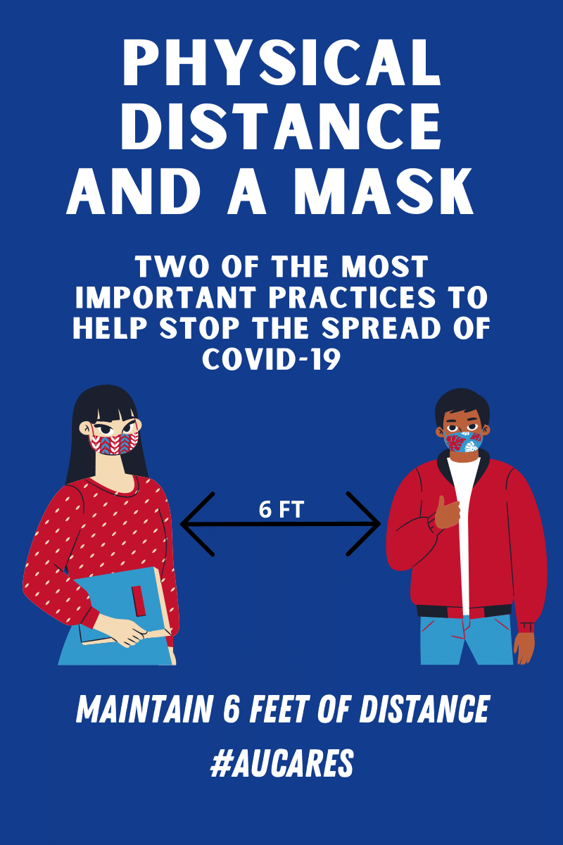 aucampuslife's tweet photo. If you're on campus, make sure you practice physical distancing and #WearAMask at all times, inside AND outside. #AUCares https://t.co/Jb855NcxTl