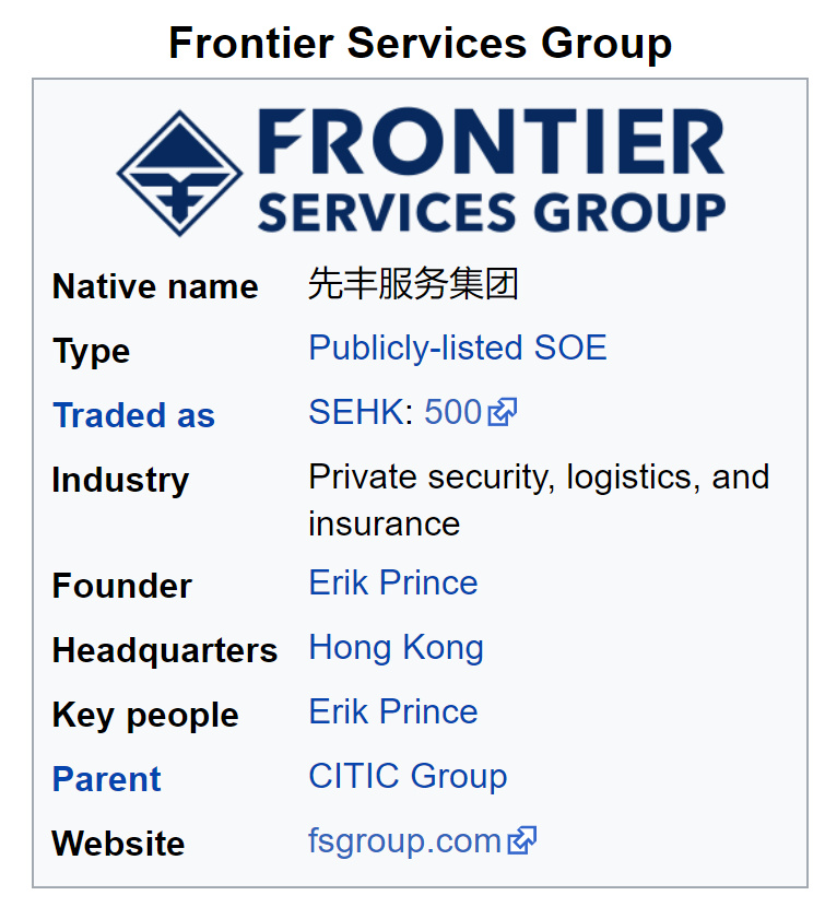 Fernando Marés on Twitter: "FRONTIER SERVICES GROUP (FSG) From @Wikipedia:  Frontier Services Group (FSG) is a Chinese Africa-focused security,  aviation, and logistics company founded and led by Erik Prince, the former  head