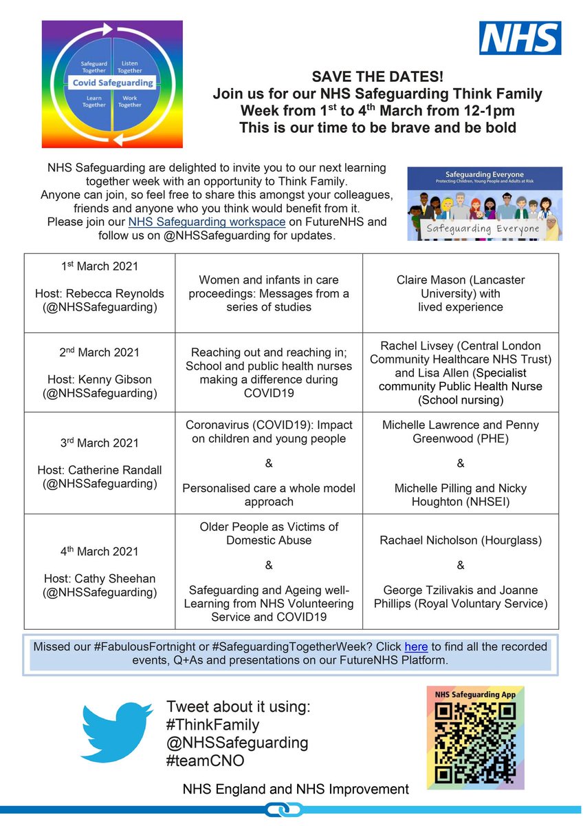 HelloMyNameIs Becs (RM) (@becsreynoldsnhs) on Twitter photo π Are you ready for our #COVIDSafeguarding #ThinkFamily week in March? Amazing speakers spanning across a safeguarding life course π @clairesmason <a href="/WeSchoolNurses/">WeSchoolNurses π</a> @SAPHNAsharonOBE <a href="/MmLawrence_/">Michele Lawrence RN RHV MSc MPH</a> <a href="/RoyalVolService/">Royal Voluntary Service</a> <a href="/wearehourglass_/">Hourglass (Safer Ageing)</a> π <a href="/teamCNO_/">teamCNO π</a> <a href="/NHSsafeguarding/">NHSsafeguarding</a> π Are you ready for our #COVIDSafeguarding #ThinkFamily week in March? Amazing speakers spanning across a safeguarding life course π @clairesmason <a href="/WeSchoolNurses/">WeSchoolNurses π</a> @SAPHNAsharonOBE <a href="/MmLawrence_/">Michele Lawrence RN RHV MSc MPH</a> <a href="/RoyalVolService/">Royal Voluntary Service</a> <a href="/wearehourglass_/">Hourglass (Safer Ageing)</a> π <a href="/teamCNO_/">teamCNO π</a> <a href="/NHSsafeguarding/">NHSsafeguarding</a>