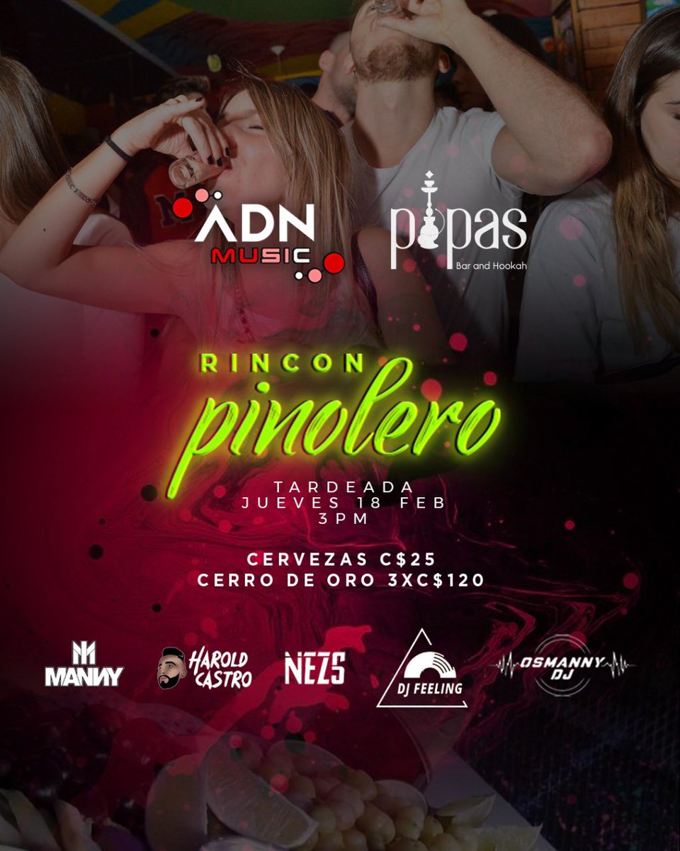 MgaPipas's tweet photo. Llegan las tardeadas más violentas de toda zona hippos!!! 
Dj Manny , Harold Castro , Dj Nez , Dj Feeling , Dj osmany 
#managua #Universidad #uni #uca #Nicaragua #thomasmore #SomosPipas https://t.co/phURS9LxI4