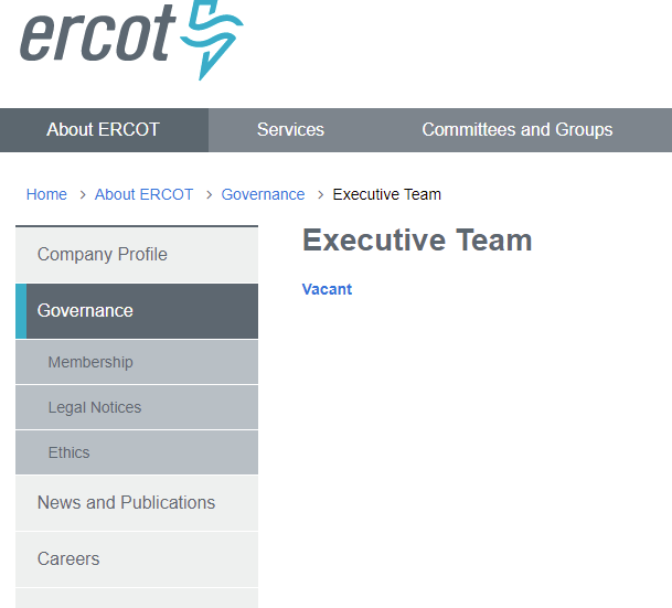 Since I wrote this thread, ERCOT has wiped all information about its leadership from its website. Ironically, this is a lot more accurate.