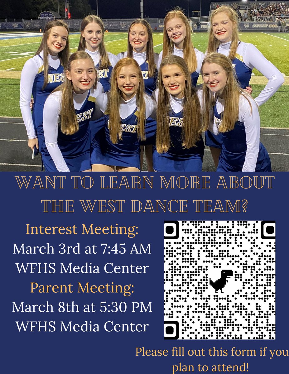 Dance_WFHS's tweet photo. Interested in joining the West Dance Team? Our interest and parent meetings are coming up! Make sure to sign up using the QR code or this link: https://t.co/wyFsCn92kj
#WestDance #Family https://t.co/uP4GnMSLZw