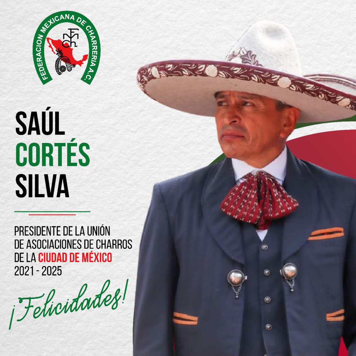 FMCharreria's tweet photo. El Consejo Directivo de la Federación Mexicana de Charrería extiende su más sincera felicitación a Saúl Cortés Silva por haber sido electo Presidente de la Unión de Asociaciones de Charros de la Ciudad de México. 

¡Enhorabuena! 👏🤝✍️

#CharreríaOrgulloDeMéxico 🇲🇽 https://t.co/esbAeC8h2Y