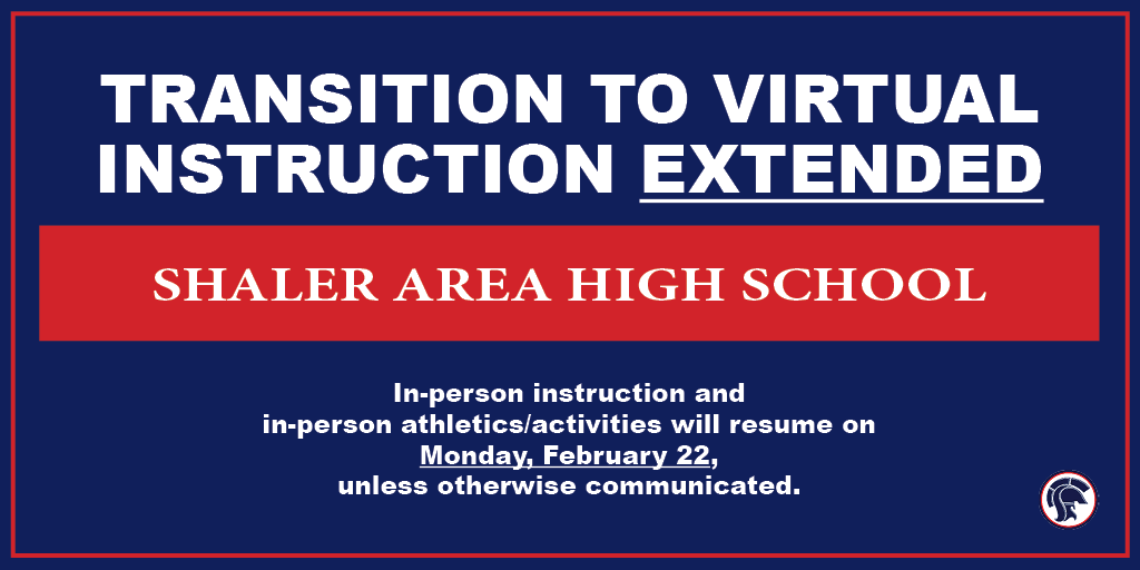 ShalerArea's tweet photo. ⚠️⚠️UPDATE⚠️⚠️
Shaler Area High School will extend its temporary transition to Virtual Instruction &amp; suspension of athletics and activities. 

In-person instruction and in-person athletics/activities will resume on Monday, Feb. 22. https://t.co/iudb826rFR