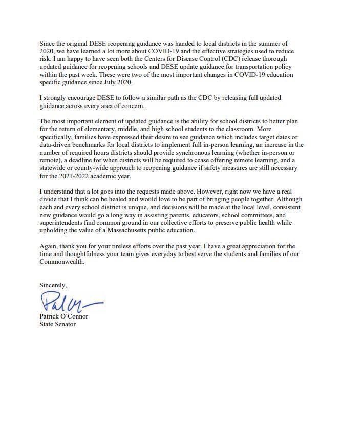 Over the past month, I have talked to families and educators from across the South Shore about what to do next regarding public education. 

The response was very clear: vaccinate our teachers and get our children back in classrooms.