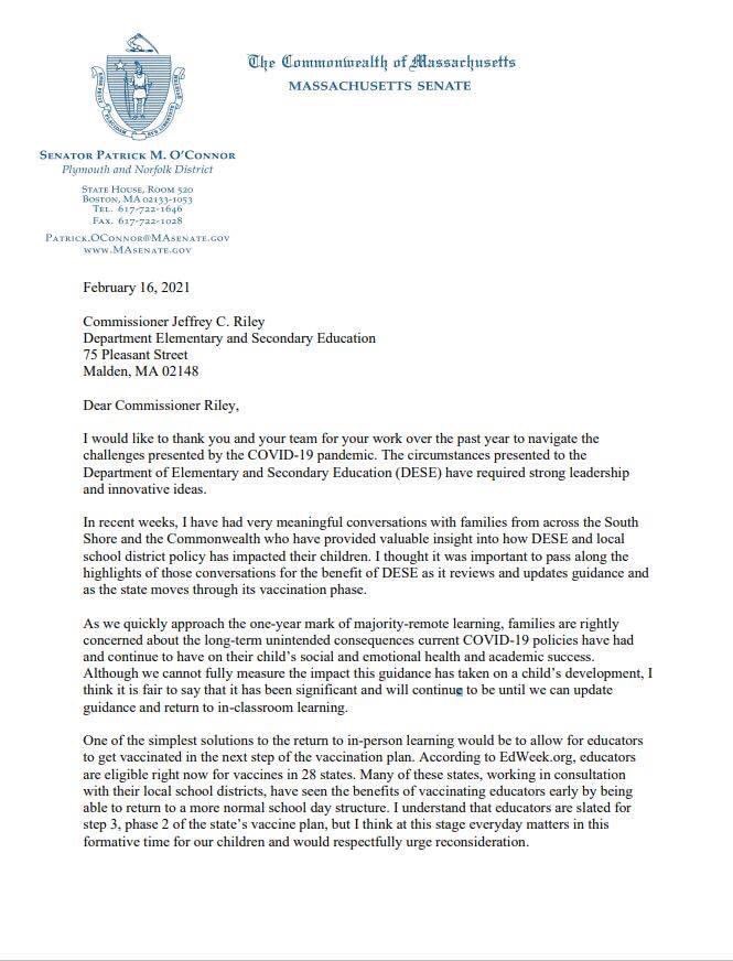 PatrickMOConnor's tweet image. Over the past month, I have talked to families and educators from across the South Shore about what to do next regarding public education. 

The response was very clear: vaccinate our teachers and get our children back in classrooms.