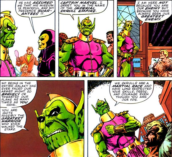 6)...including most of Earth's super-Heroes; he is visited by his deadly enemies, The Skrulls. They are not there to celebrate the passing of their sworn foe; but, to pay tribute to his valor an bravery. To pay their respects to an fallen enemy that fought them many times. CONT