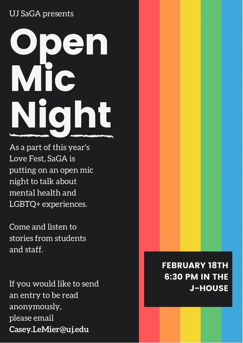 sagaUJ's tweet photo. Tomorrow night in the J-House theater room we are having an open mic night! Join us starting at 6:30 to hear stories from people on campus about LGBTQ+ experiences and mental health. https://t.co/onpvuq6hih