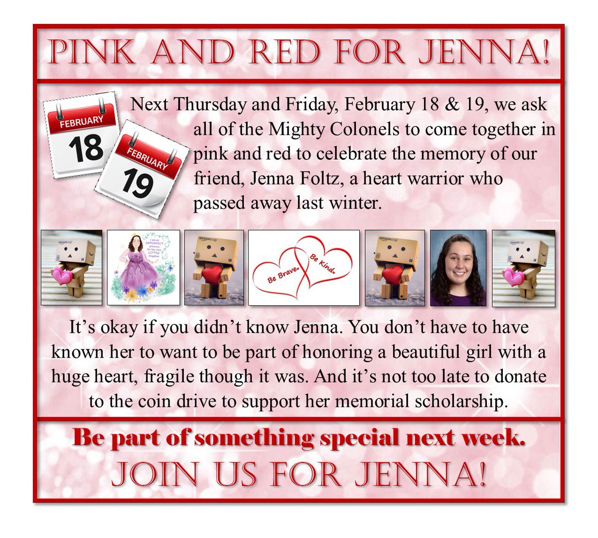 amofagan's tweet photo. Pssssst!
Wear pink or red this week! 
And bring your loose change for the coin drive! 
💙❤️💖 https://t.co/bMjSZQZU3e