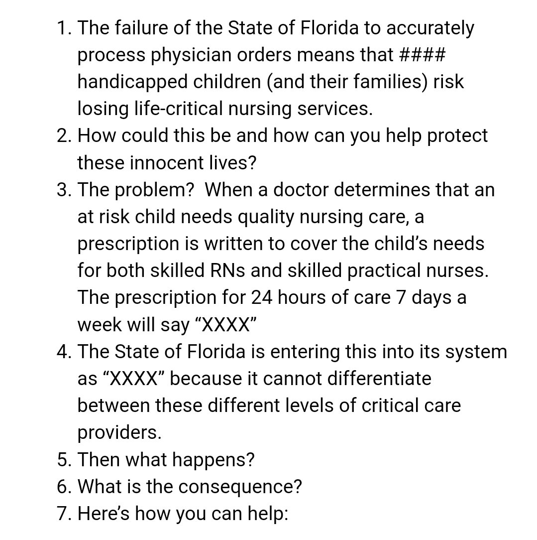 AcidSullivan's tweet photo. #SavePDNFL
@GovRonDeSantis @AHCA_FL @Centene
Right Now, #medicallyfragilepediatrics are Losing Their Nurses!!! This is a Public Health Emergency!!!
Good News, My Company FFSC has a Solution Ensure Good Outcomes + Eliminates Complexity of Billing Creating 100% Accountability. https://t.co/3PqOqkRKJz