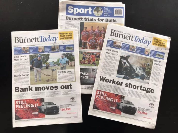 Jess_BToday's tweet photo. Be sure to grab your very own edition of Burnett Today! Inside is the latest on the bank closures, reef regulations, horror Burnett crashes and why farmers are fighting for a travel ban. FACEB00K may have banned local news sites, but they cannot stop print copies from being read. https://t.co/3uBiXqg9Ka