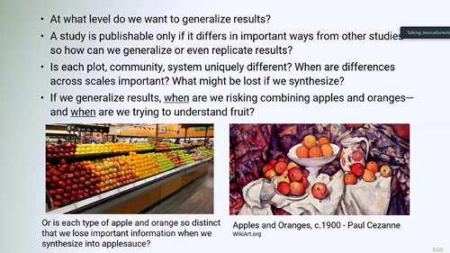 KorichevaLab's tweet photo. Great talk by Jessica Gurevitch on challenges of combining apples and oranges and dealing with the gorilla in the room - heterogeneity π+π = ? #FutureOfSynthesis @nceas https://t.co/rE24JnmOcf